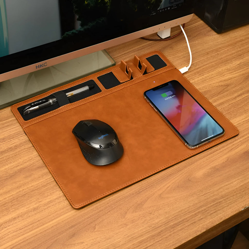 Wireless charging mouse pad with integrated phone holder on black PU leather surface