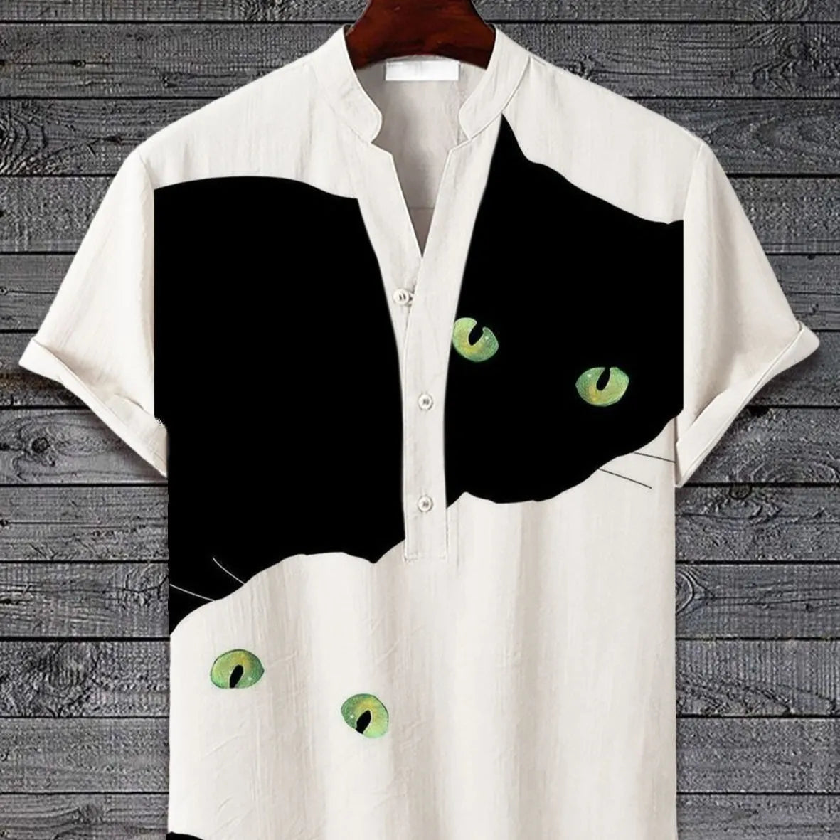 Man wearing a short sleeve t-shirt with a bold 3D digital animal graphic print on the front.
