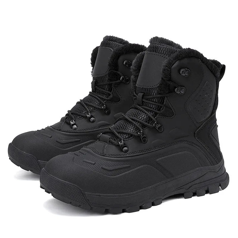 Men's black high-top winter boots with fleece lining and lace-up front, showing ribbed sole.