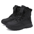 Men's black high-top winter boots with fleece lining and lace-up front, showing ribbed sole.