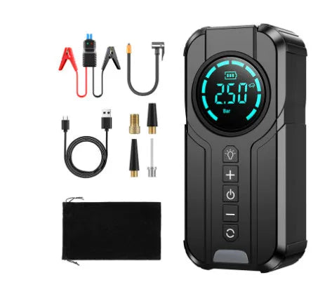 Black wireless portable car air pump with LCD screen, 6000mAh battery, and multiple inflation nozzles on a grey background