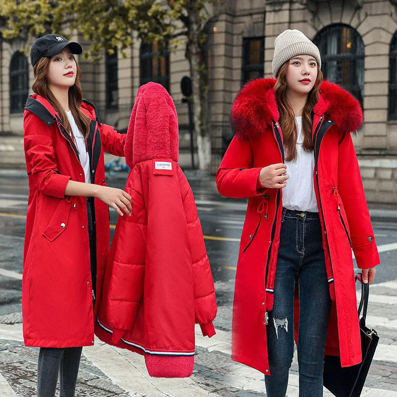Women's long white cotton-padded trench coat with 100cm length and down cotton filler