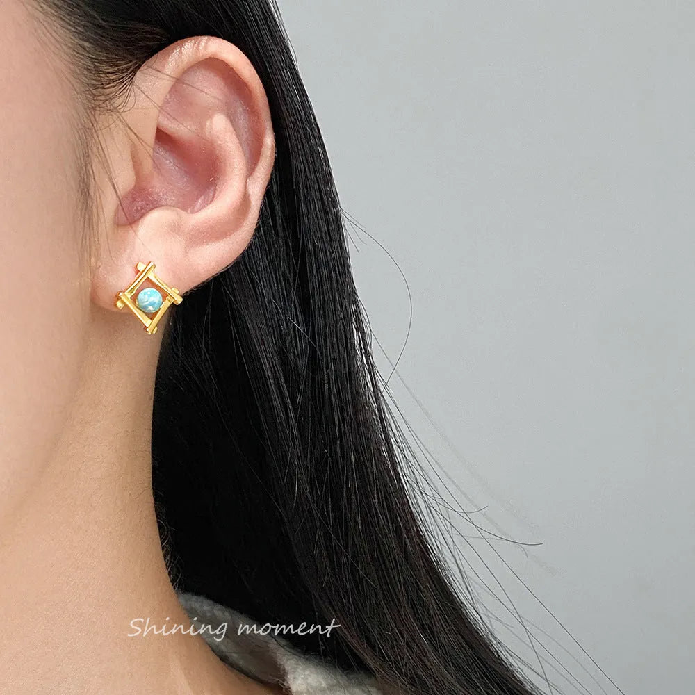 Geometric cross quadrangle stud earrings in 925 silver with silver and gold tone options