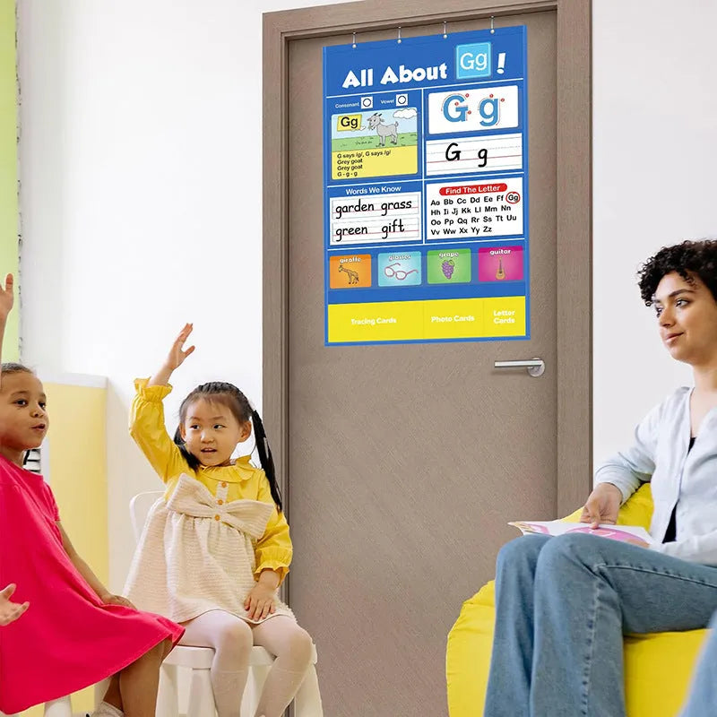 Alphabet learning chart with word cards, letter cards, and picture cards laid out for educational play.
