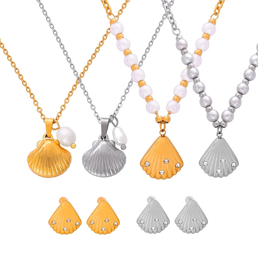 French vintage shell necklace with freshwater pearl bead pendant on titanium steel chain