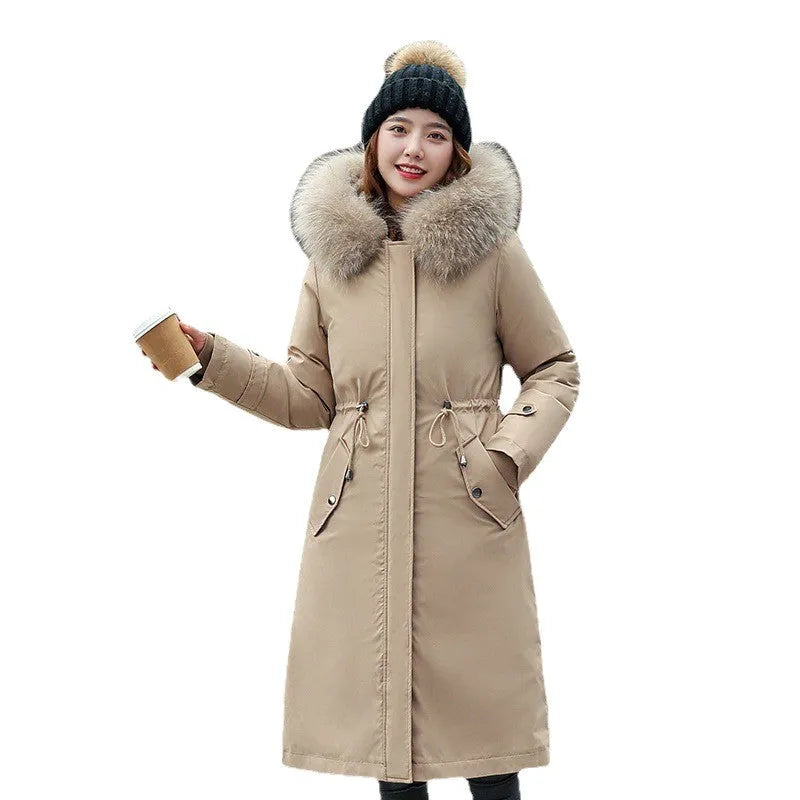 Women's long white cotton-padded trench coat with 100cm length and down cotton filler