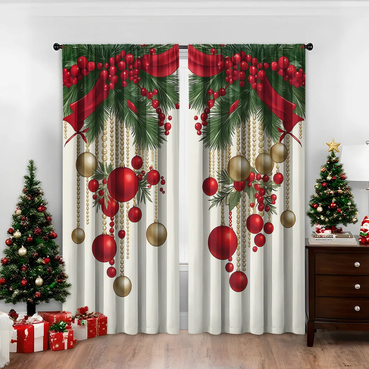 3D digital printed modern Christmas curtain hanging on a window