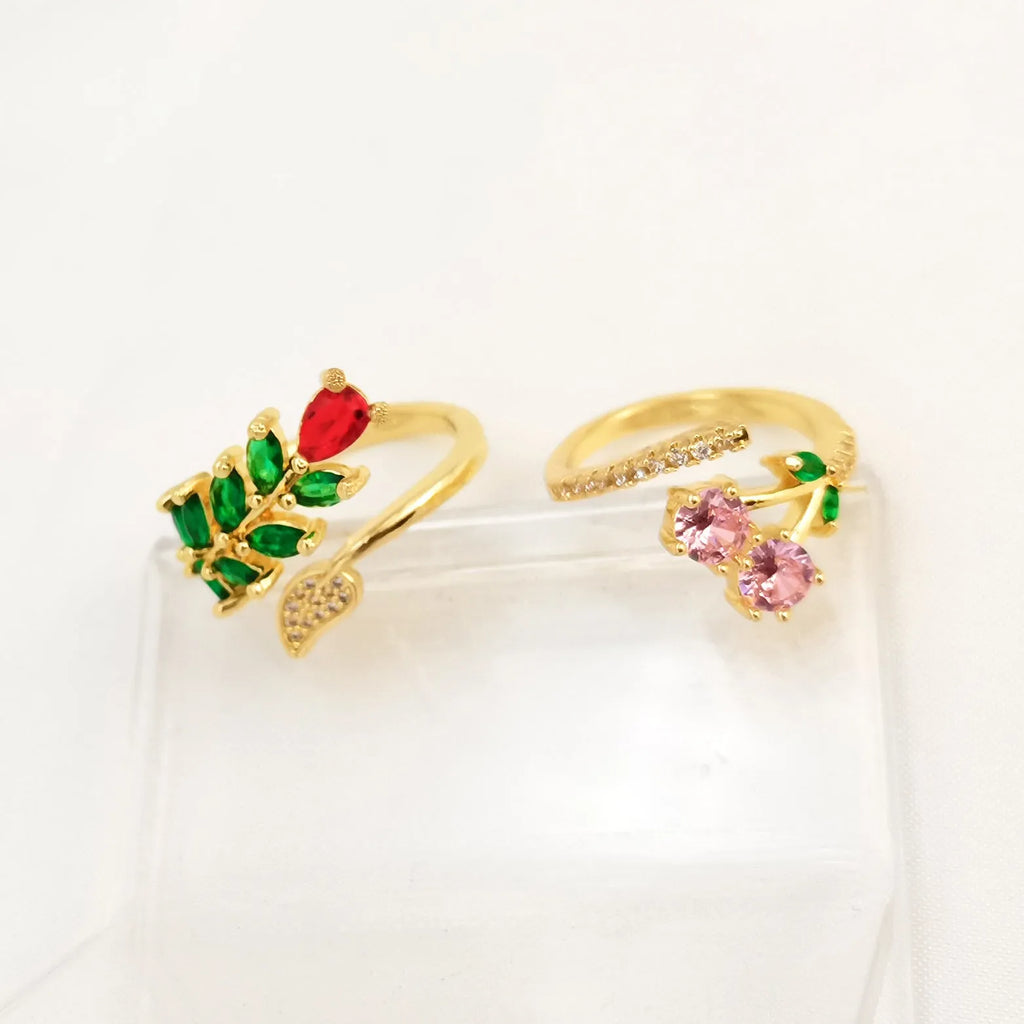 Copper geometric open ring with gold plating and zircon leaf decoration