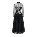 Women's black polyester beaded long sleeve formal dress with mid-waist design
