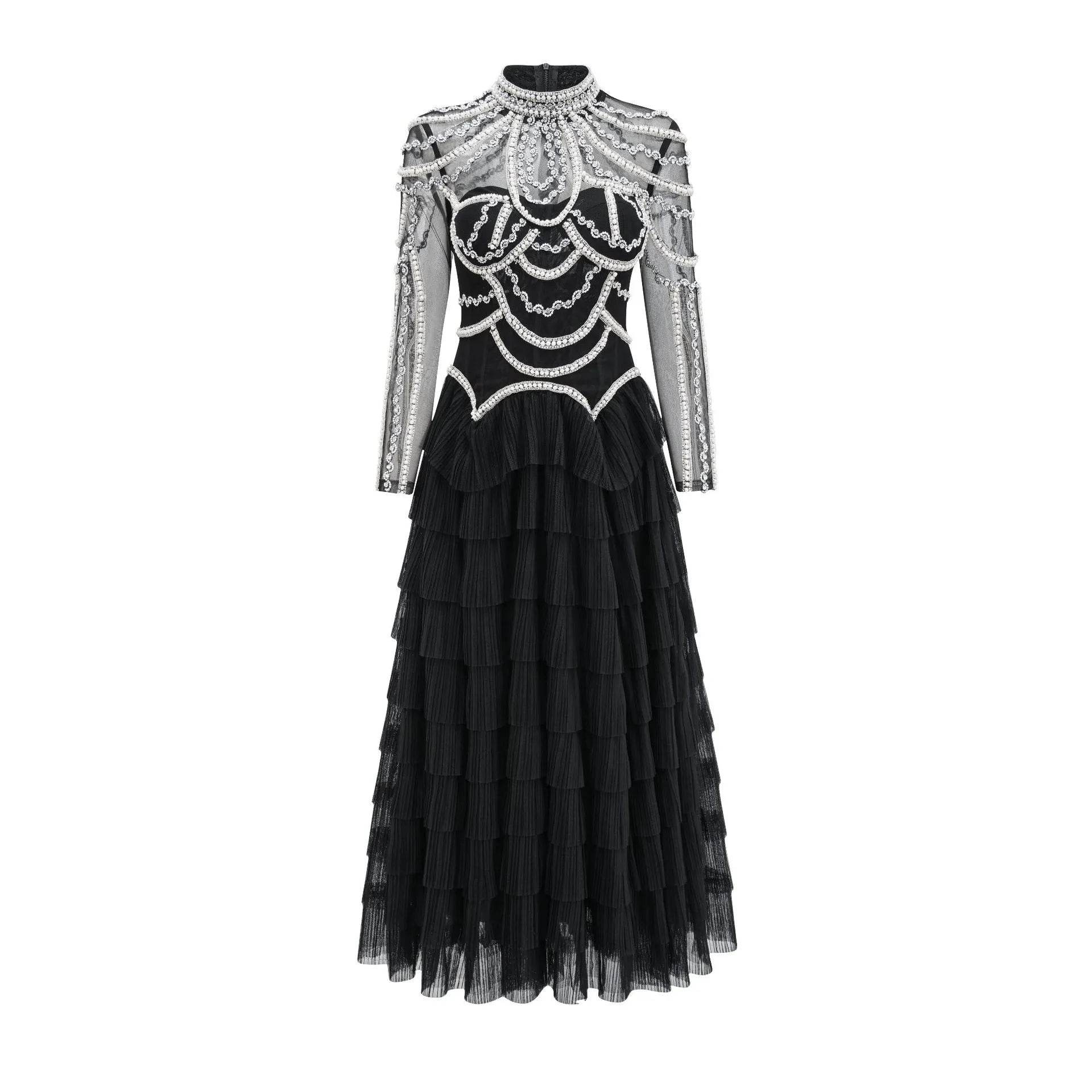 Women's black polyester beaded long sleeve formal dress with mid-waist design