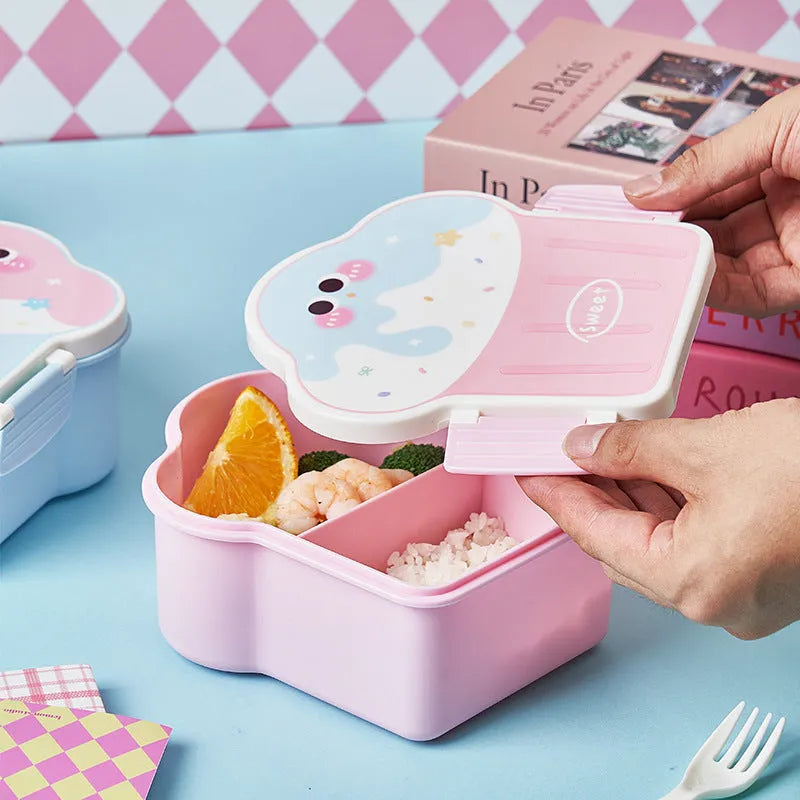 Creative ice cream shaped plastic lunch box with bento compartments in pink and blue colours with included utensils