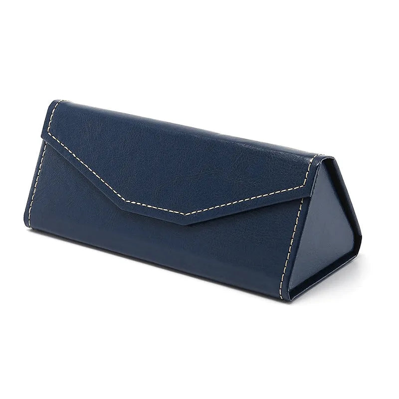 Black triangle folding glasses case with handmade stitching on PU cowhide exterior