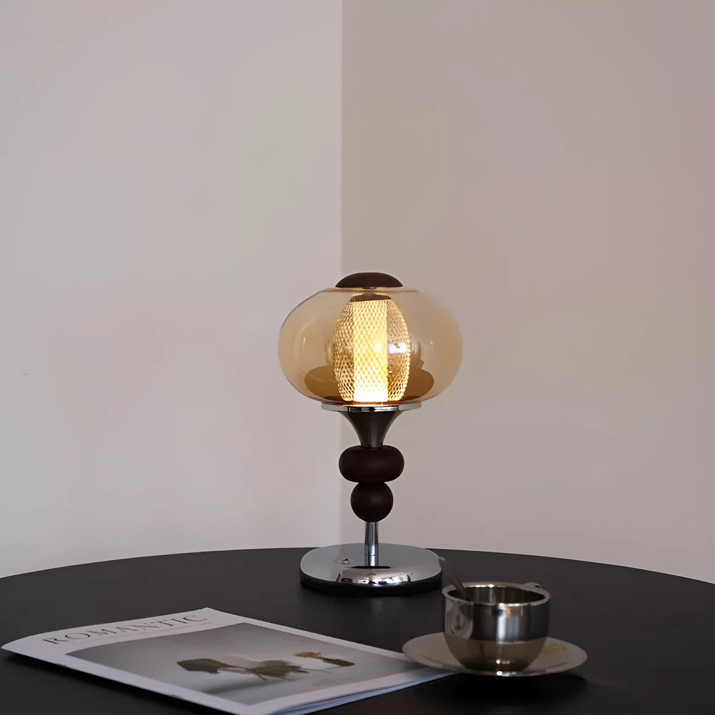 Solid wood retro style table lamp with touch controls for three-colour dimming lighting