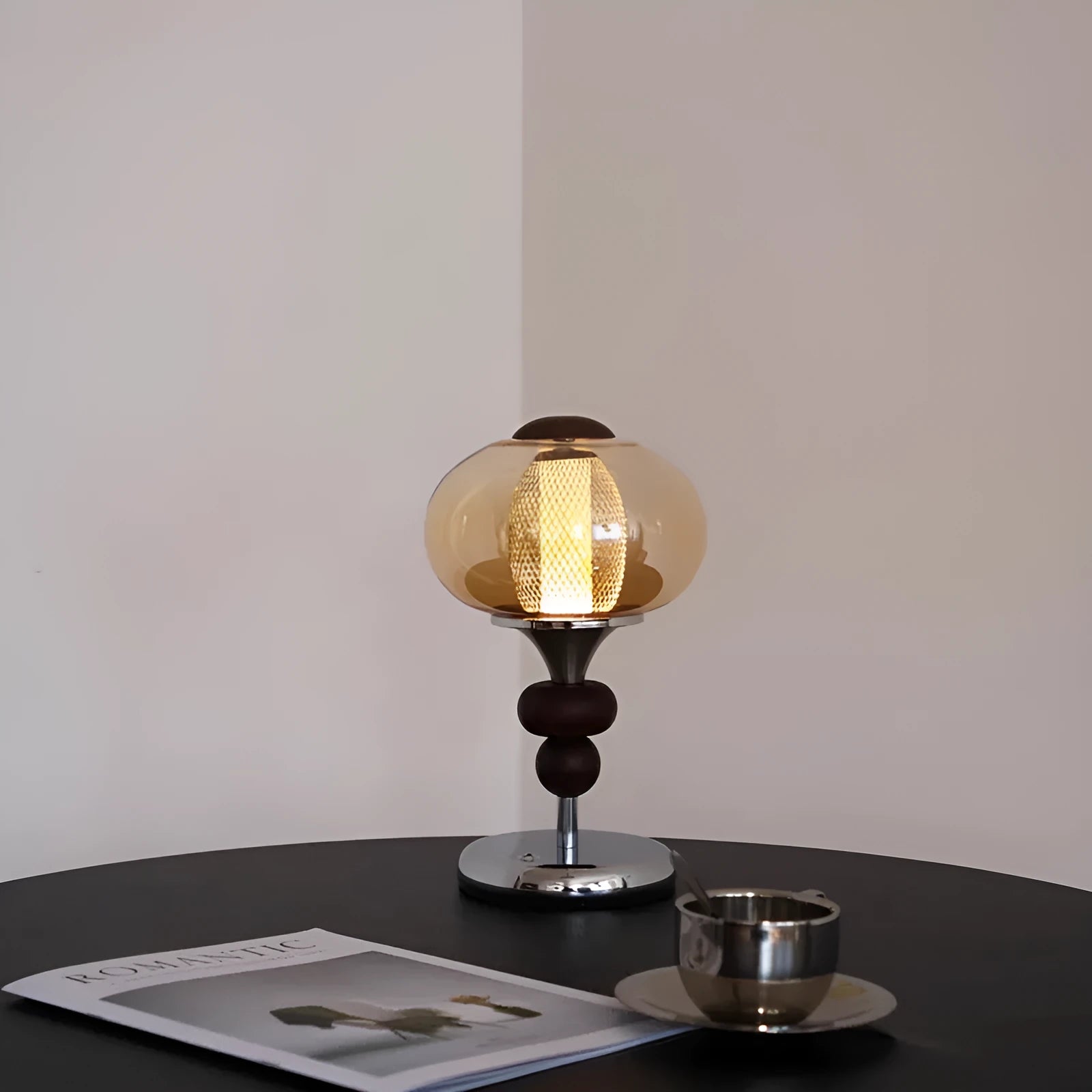 Solid wood retro style table lamp with touch controls for three-colour dimming lighting