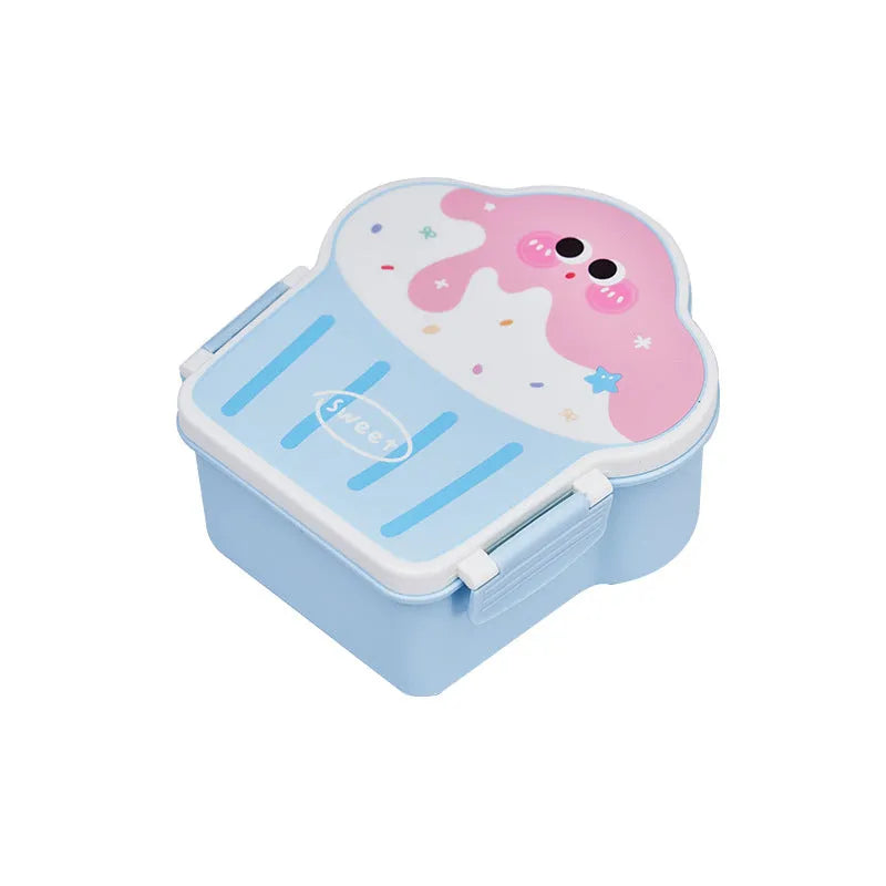 Creative ice cream shaped plastic lunch box with bento compartments in pink and blue colours with included utensils