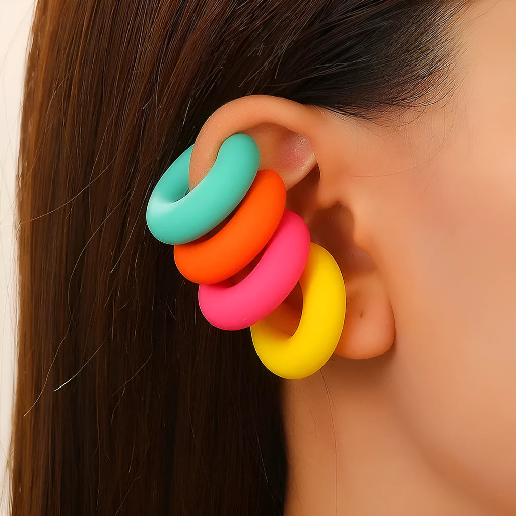 Geometric C-shape clip-on earrings with matte coarse finish in candy colours for women without pierced ears