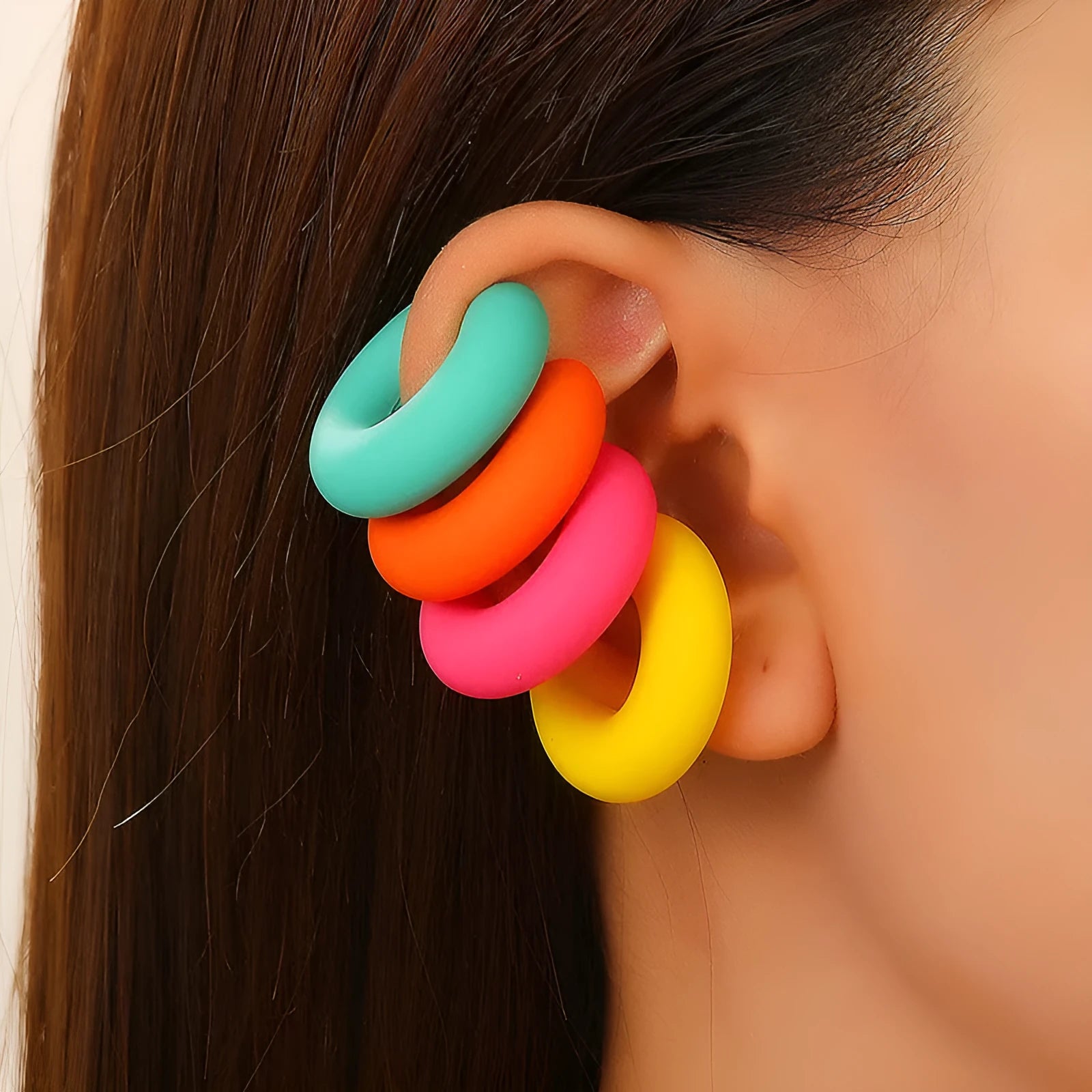Geometric C-shape clip-on earrings with matte coarse finish in candy colours for women without pierced ears