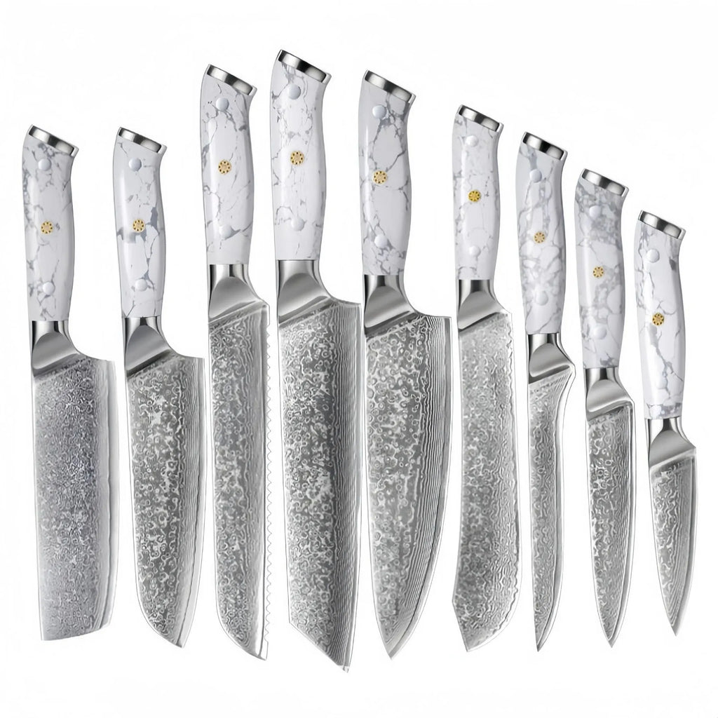 Damascus pattern chef knife with VG10 steel blade measuring 21cm, shown on a kitchen counter.
