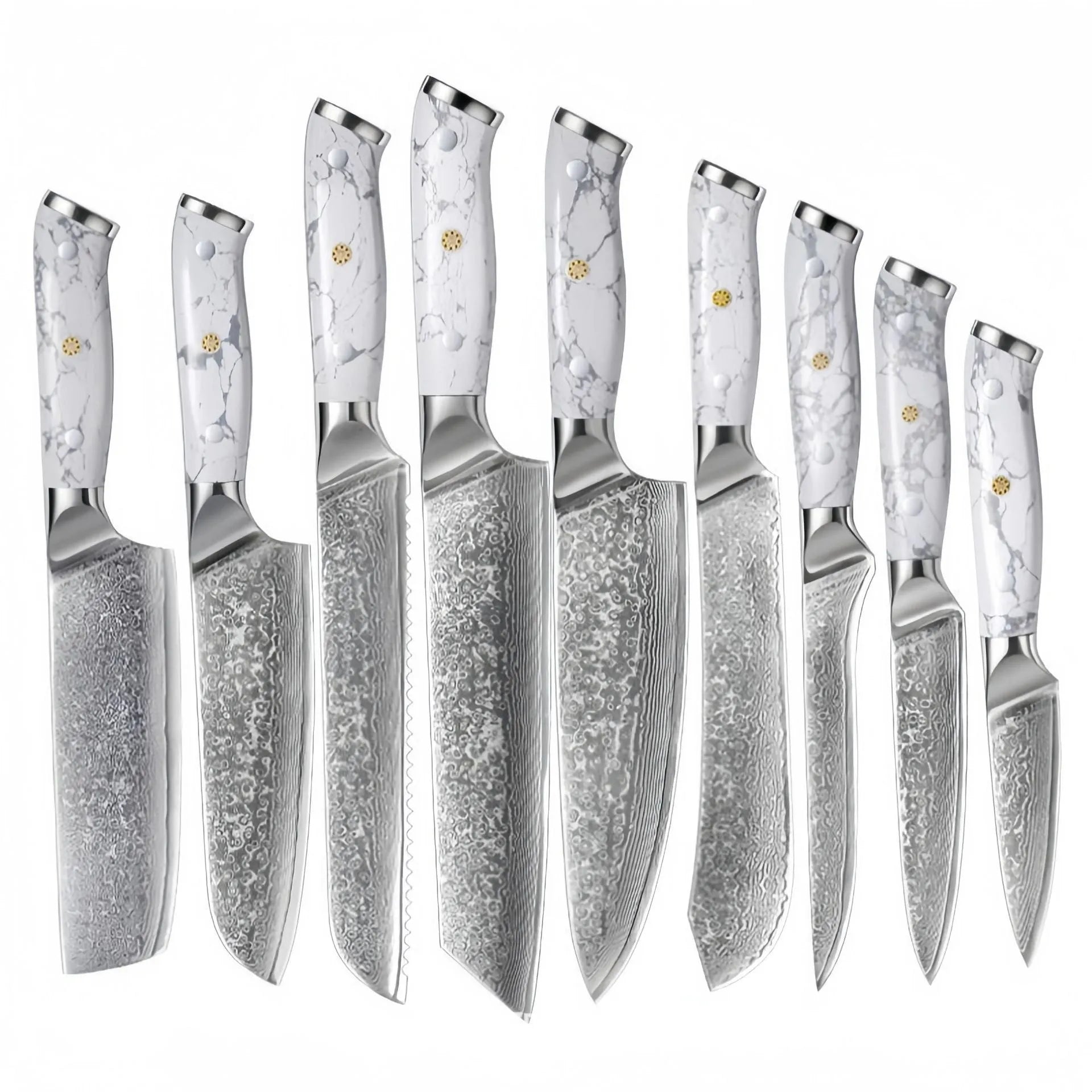 Damascus pattern chef knife with VG10 steel blade measuring 21cm, shown on a kitchen counter.