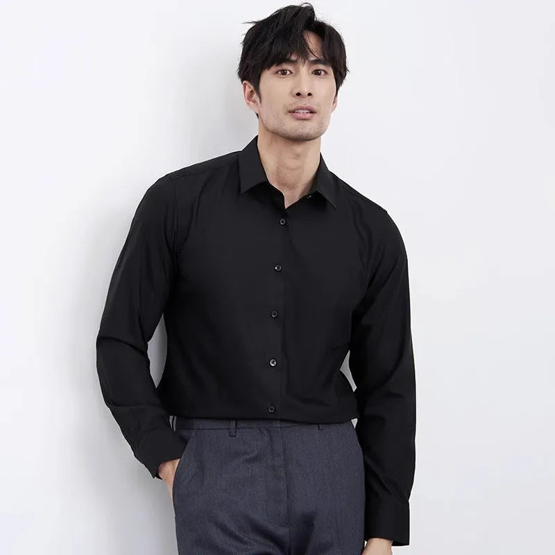 Men's wine red slim fit long sleeve shirt made from non-iron polyester blend fabric.