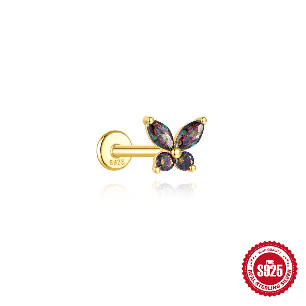 S925 sterling silver flat head thread piercing earring with rainbow stone in geometric design