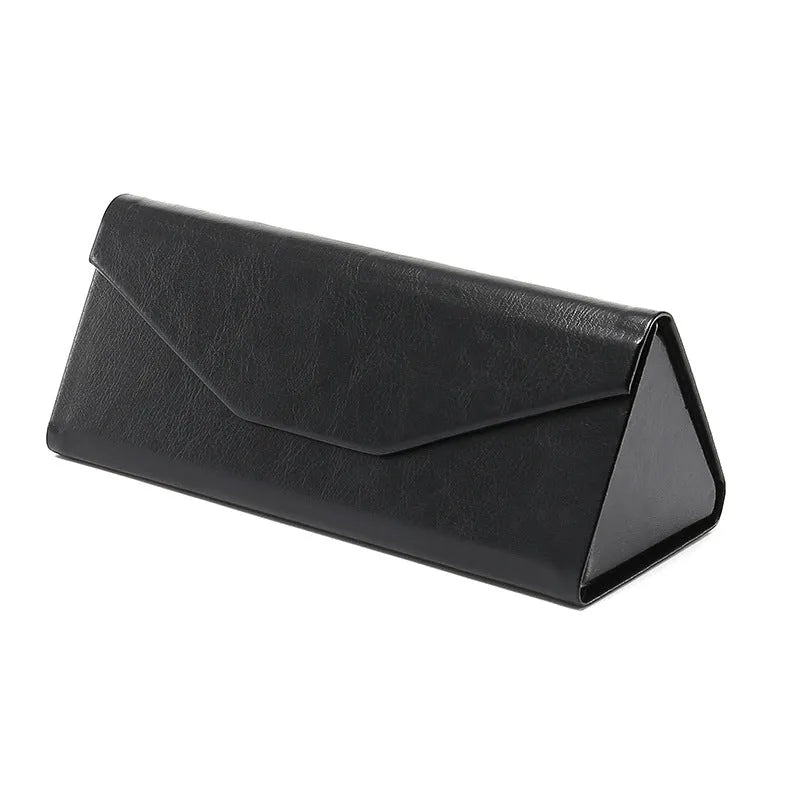 Black triangle folding glasses case with handmade stitching on PU cowhide exterior