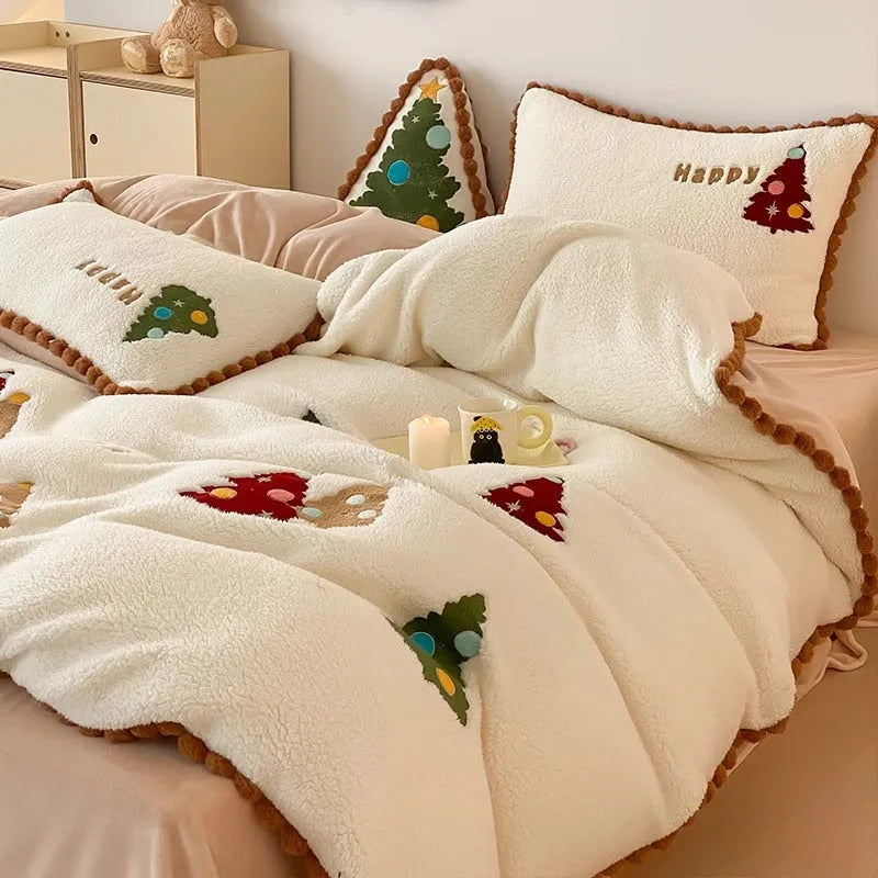 Bright yellow Christmas bedding four-piece set with cartoon animation pattern on milk fibre fabric