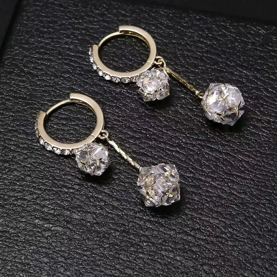 Silver drop earrings with tassel balls and rhinestones on confession balloon double pendant design