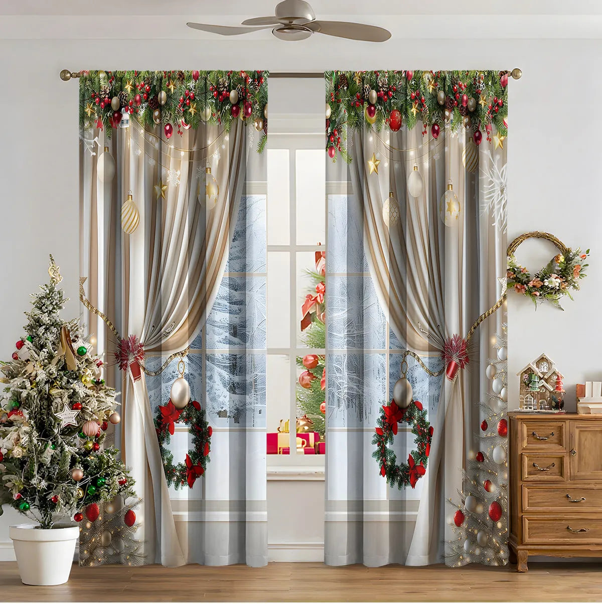 3D digital printed modern Christmas curtain hanging on a window