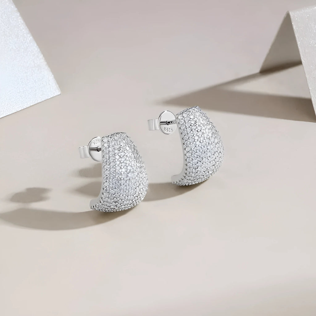 Geometric sterling silver ear studs with white moissanite stones in GRA gift box