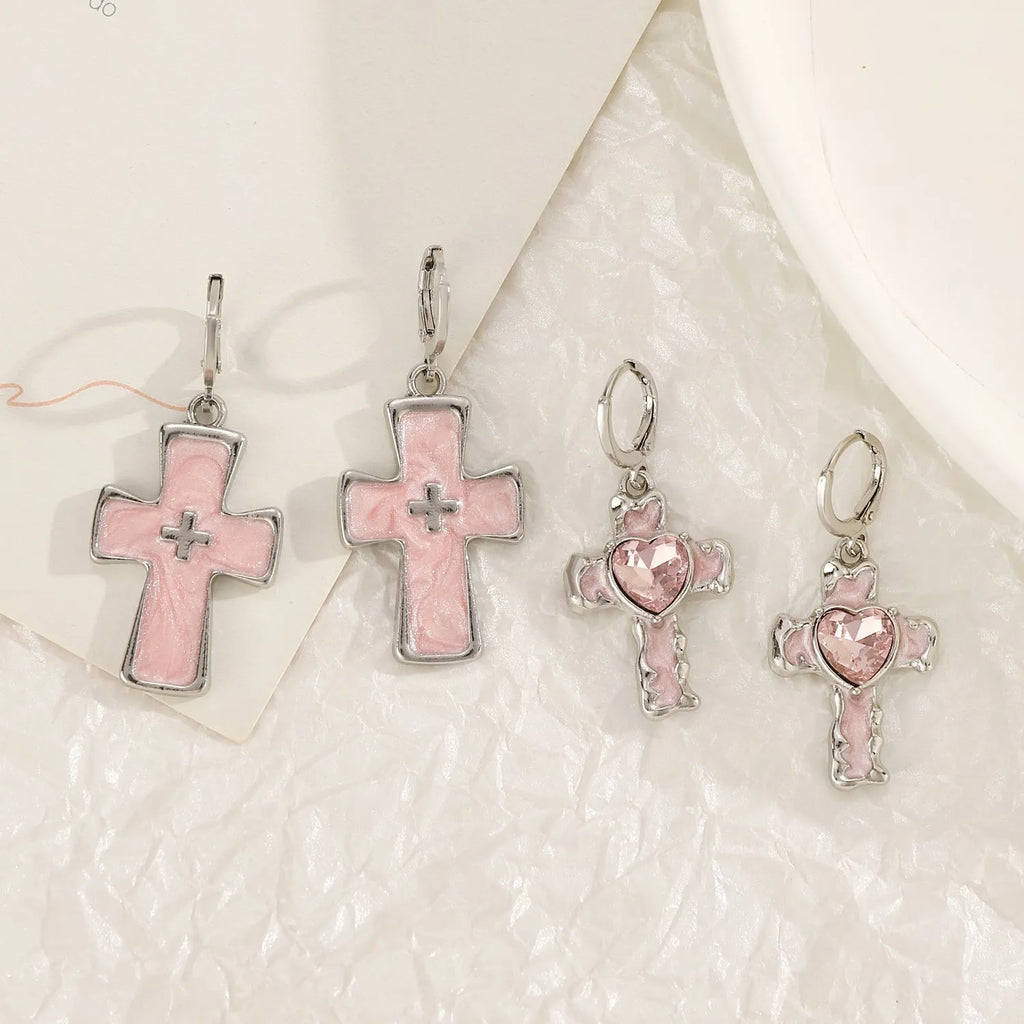 Women's cross crystal earrings in alloy with five colour options showing drip oil finish and geometric designs