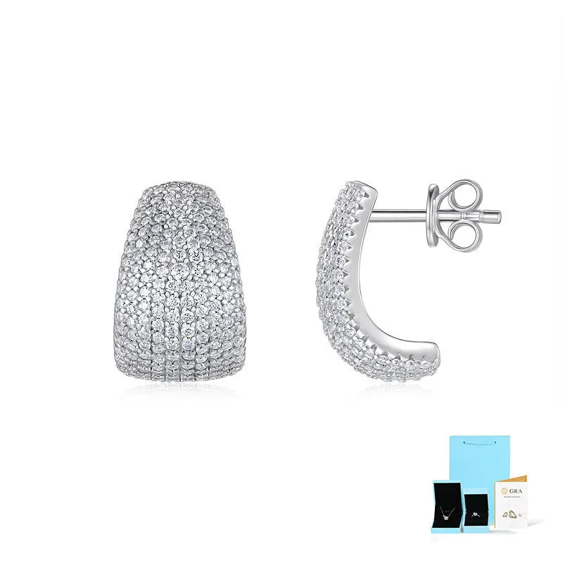 Geometric sterling silver ear studs with white moissanite stones in GRA gift box