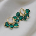 Korean style green heart pendant glass ear clips with copper construction and alloy inlay detailing