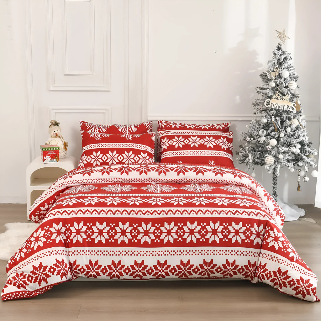 Winter Sleepers red Christmas pattern bed three-piece set with quilt cover and pillowcases on bed