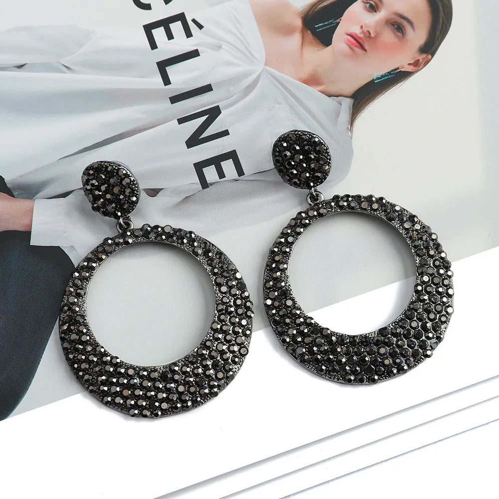 Large round metal earrings with diamond pattern and colourful cartoon design for women