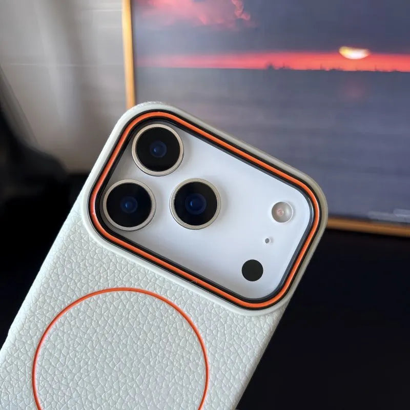 Magnetic ring TPU phone case with embossed lychee pattern in black for iPhone series