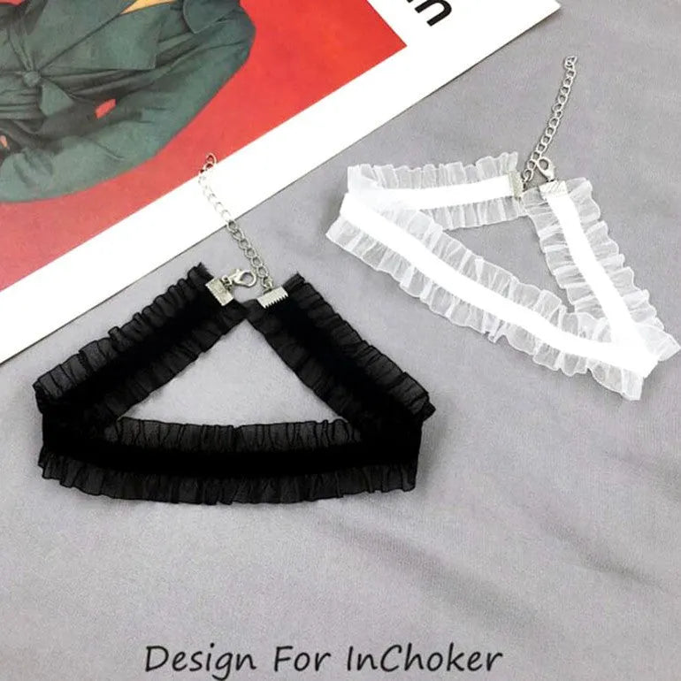 Velvet ruffled floral alloy necklace on a snake bones chain in black, light coffee, or white colour options.