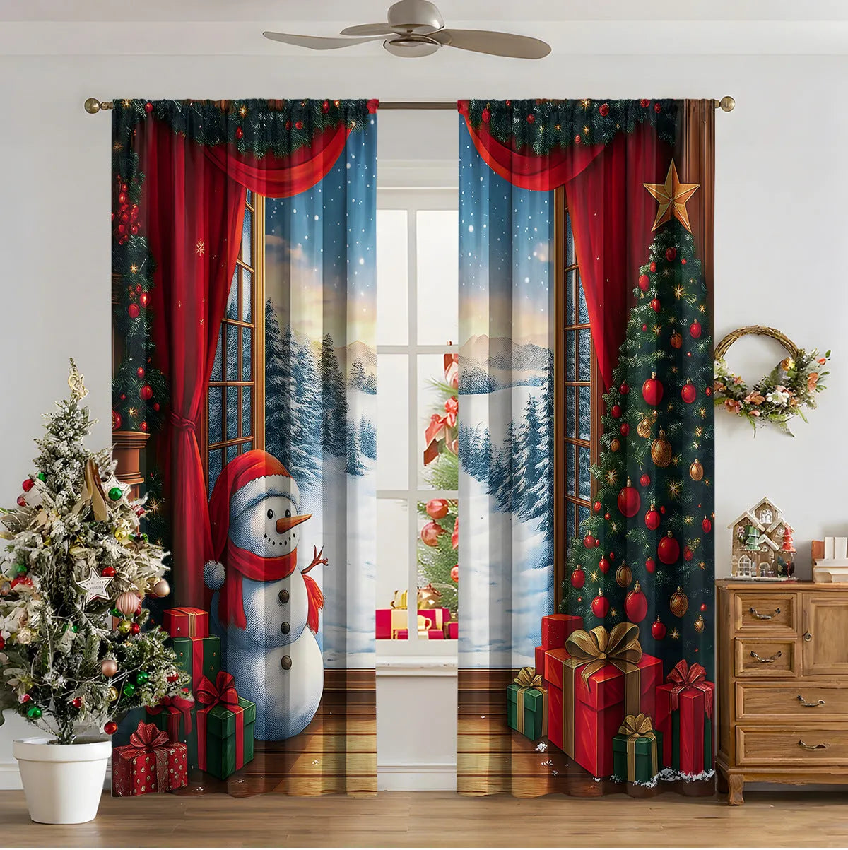3D digital printed modern Christmas curtain hanging on a window