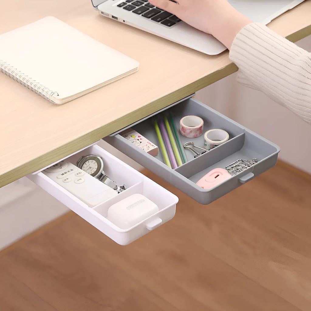 Adhesive-mounted plastic storage drawer with covered design and internal grid compartments