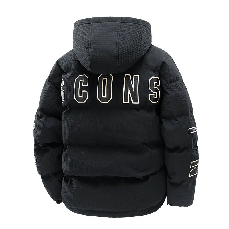 Men's black padded hooded coat with letter print, side pockets, and cardigan style
