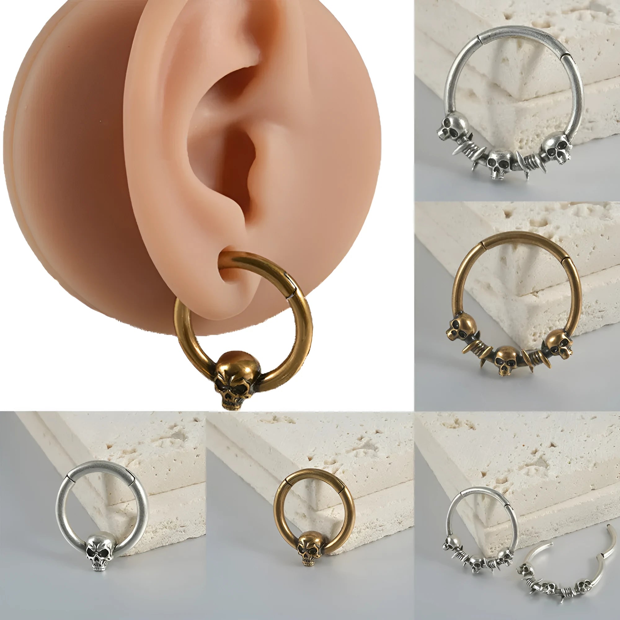 Vintage copper punk earrings with ghost head design in ancient silver or gold finish
