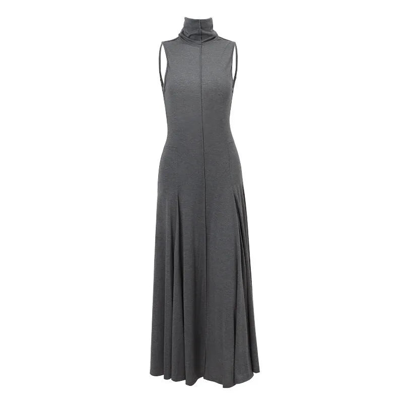 Women's grey backless half turtleneck dress with slim-fit high-waist silhouette