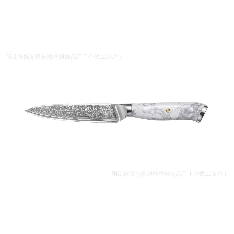 Damascus pattern chef knife with VG10 steel blade measuring 21cm, shown on a kitchen counter.
