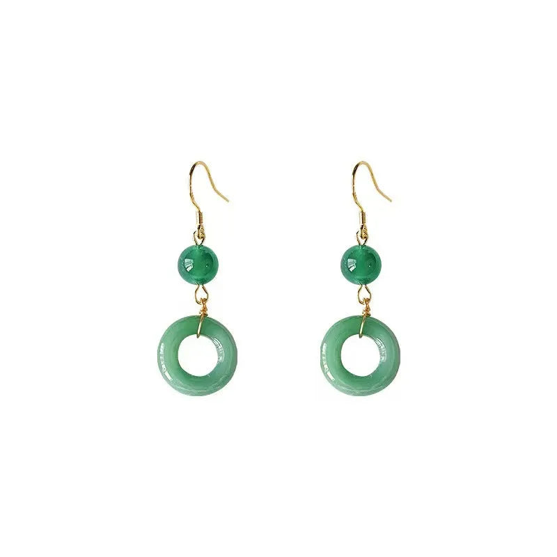 Green Chinese peace buckle earrings with geometric design and 14K gold plating