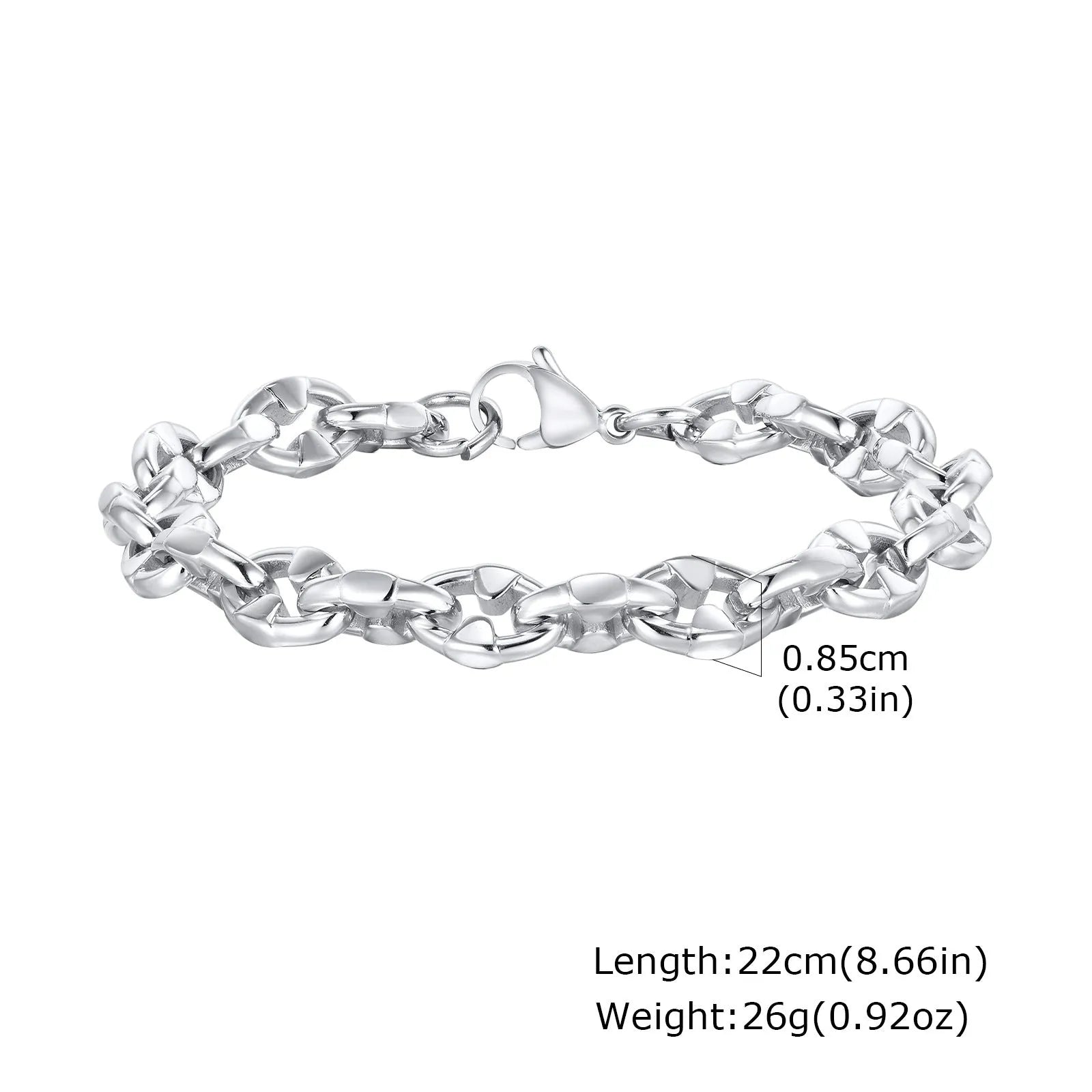 Stainless steel geometric chain bracelet with thick links, steel colour finish