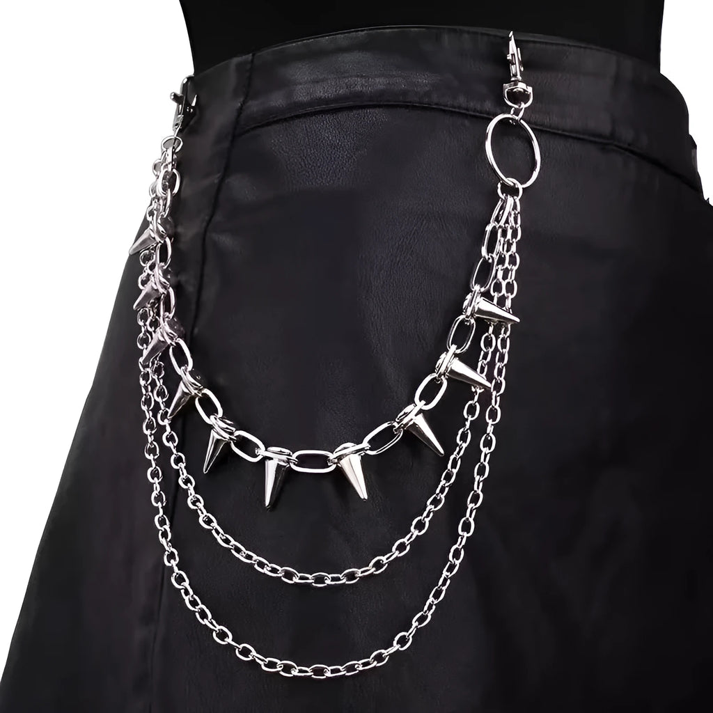 Silver metal double-layer rivet chain trousers accessory with zip fastening on a dark background.