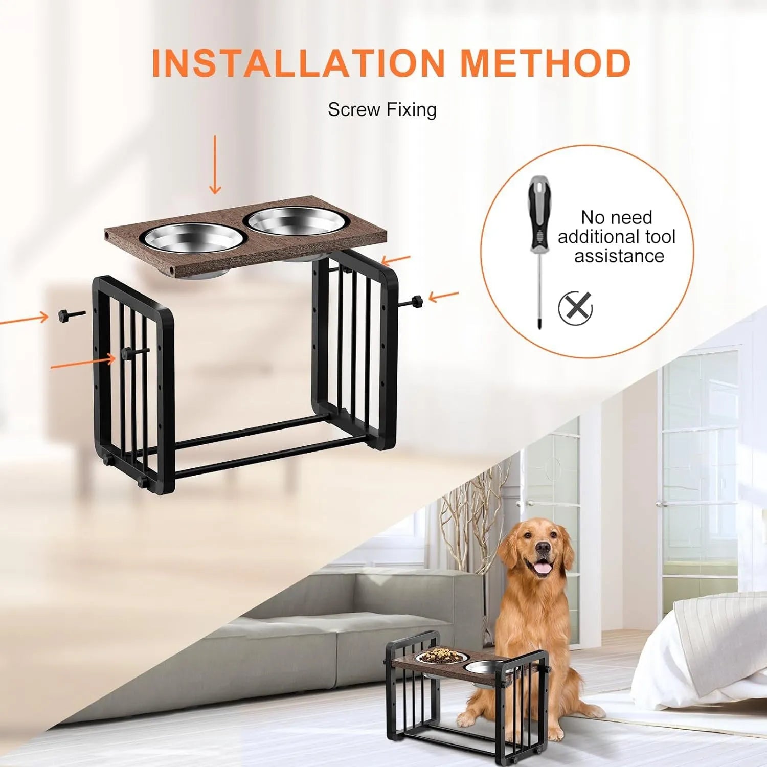 Black wooden dog bowl stand with adjustable metal bracket and non-slip grips