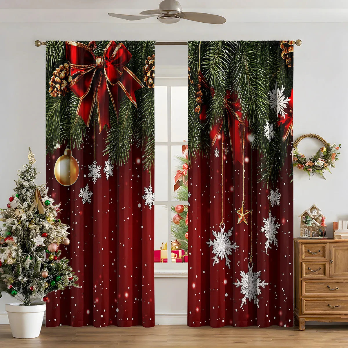 3D digital printed modern Christmas curtain hanging on a window