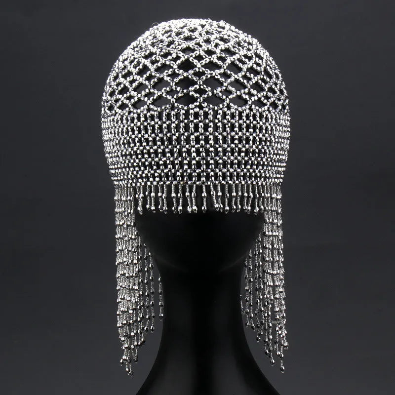 Alloy belly dance performance hat with beaded tassels in black or silver colour