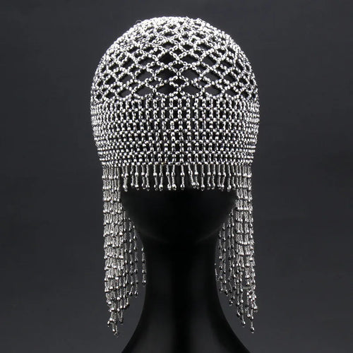 Alloy belly dance performance hat with beaded tassels in black or silver colour
